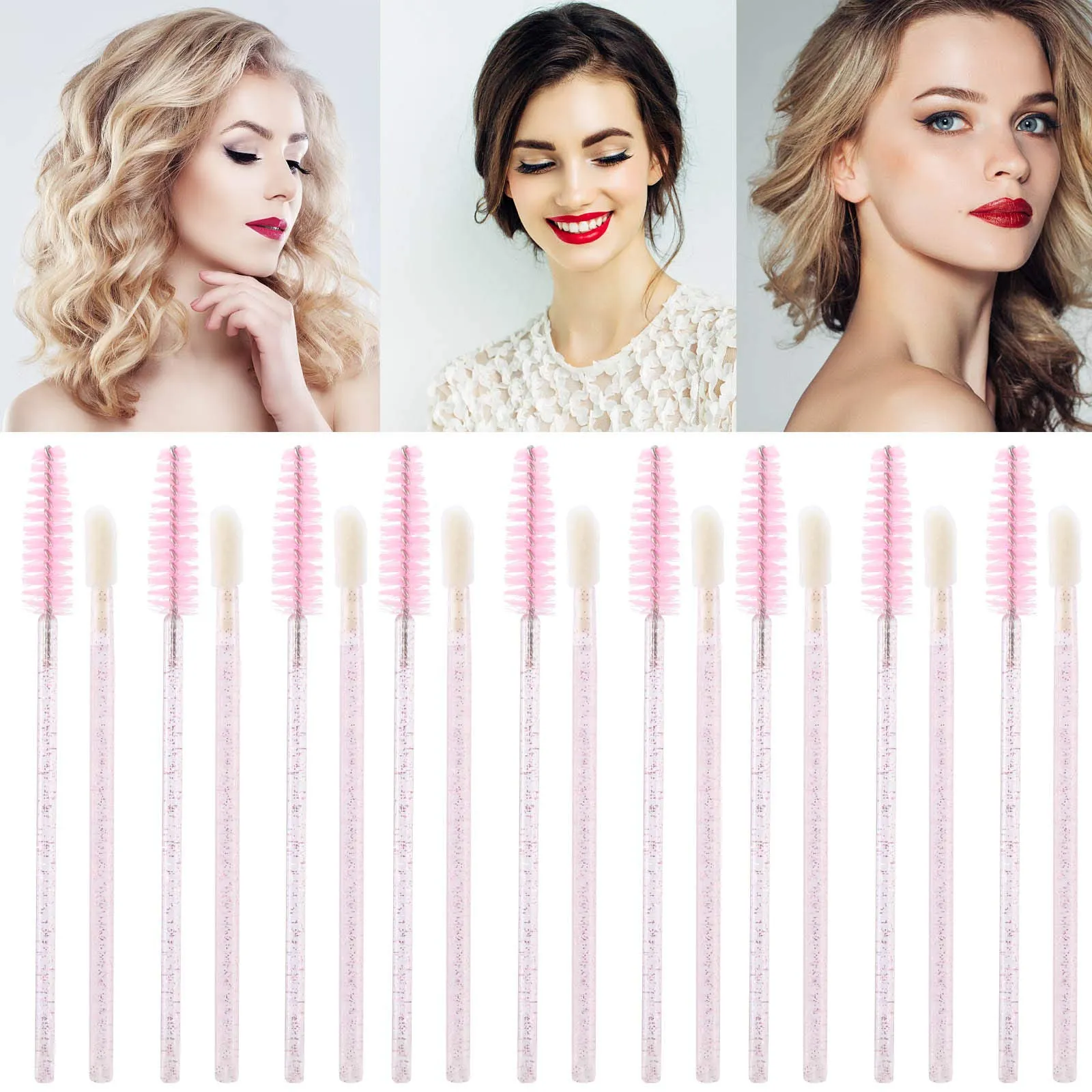200 Lip Brush and Eyebrow Spoolie, Crystal Disposable Lipstick Applicator, Mascara Wands, Makeup Beauty Tool Kits (Pink) 1 x 100 Lip Brush 100 Pink Mascara Wands
