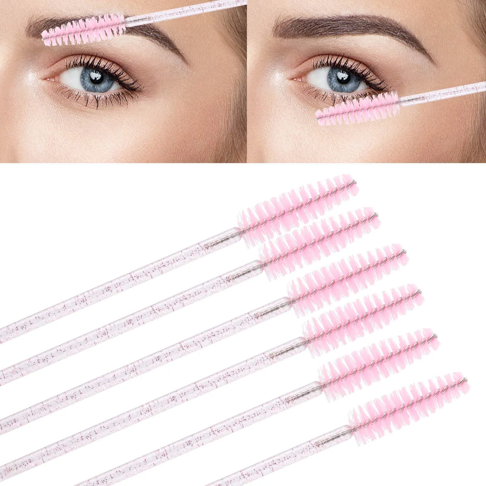 200 Lip Brush and Eyebrow Spoolie, Crystal Disposable Lipstick Applicator, Mascara Wands, Makeup Beauty Tool Kits (Pink) 1 x 100 Lip Brush 100 Pink Mascara Wands