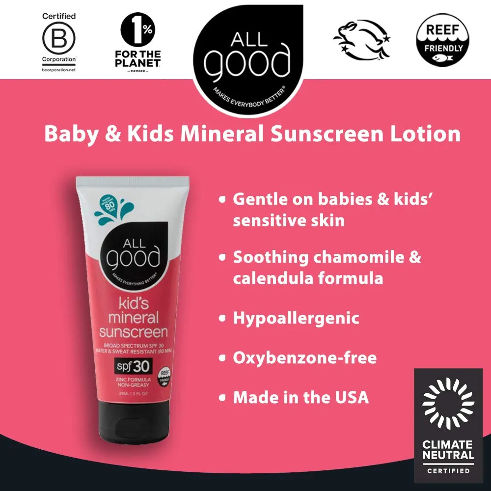 All Good Baby & Kids Sunscreen Lotion for Face & Body - UVA/UVB Broad Spectrum, SPF 30, Zinc Oxide, Coral Reef Friendly, Water Resistant - Zinc, Shea Butter, Coconut Oil, Aloe (3 oz) 3 Fl Oz (Pack of 1)