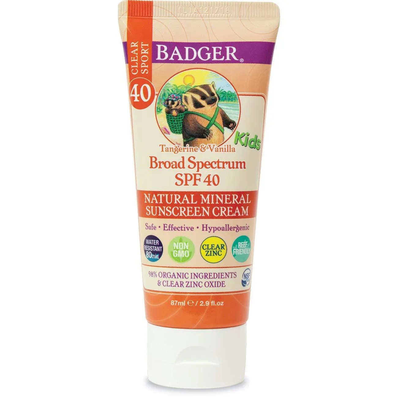 Badger - SPF 40 Kids Clear Sport Sunscreen Cream with Zinc Oxide for Face & Body, Broad Spectrum & Water Resistant Reef Safe Sunscreen, Natural Mineral Sunscreen, 2.9 fl oz