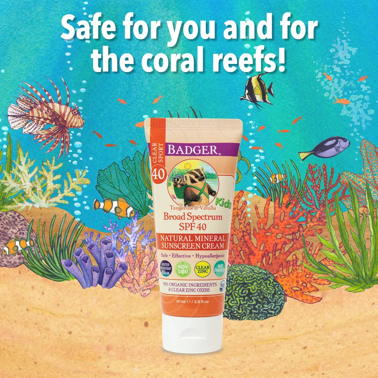 Badger - SPF 40 Kids Clear Sport Sunscreen Cream with Zinc Oxide for Face & Body, Broad Spectrum & Water Resistant Reef Safe Sunscreen, Natural Mineral Sunscreen, 2.9 fl oz
