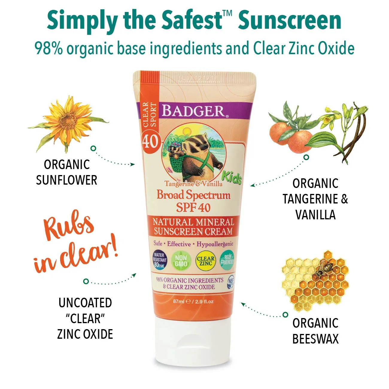 Badger - SPF 40 Kids Clear Sport Sunscreen Cream with Zinc Oxide for Face & Body, Broad Spectrum & Water Resistant Reef Safe Sunscreen, Natural Mineral Sunscreen, 2.9 fl oz