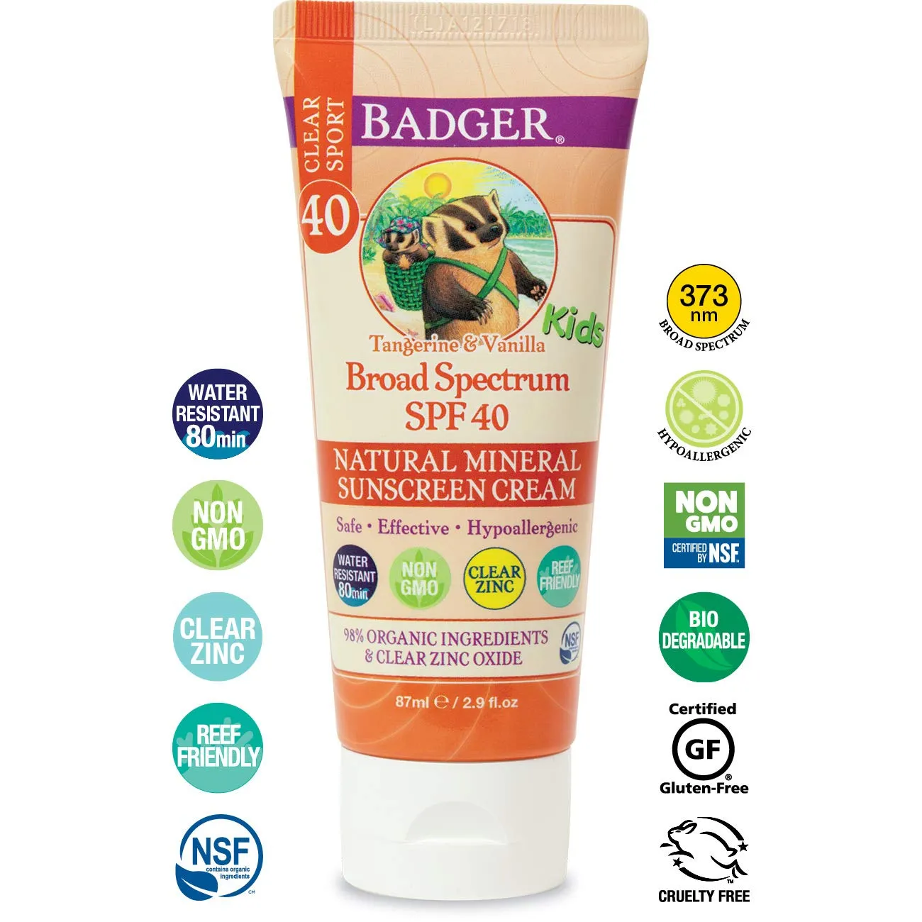 Badger - SPF 40 Kids Clear Sport Sunscreen Cream with Zinc Oxide for Face & Body, Broad Spectrum & Water Resistant Reef Safe Sunscreen, Natural Mineral Sunscreen, 2.9 fl oz