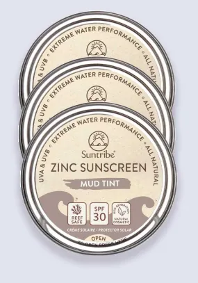Suntribe Natural Mineral Face & Sport Zinc Sunscreen Mud Tint SPF 30 45g - 3 Pack Saver